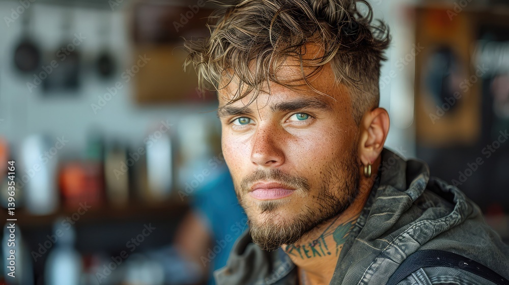 High-resolution close-up of a man with edgy layered haircut and undercut High-resolution close-up of a man with edgy layered haircut and undercut