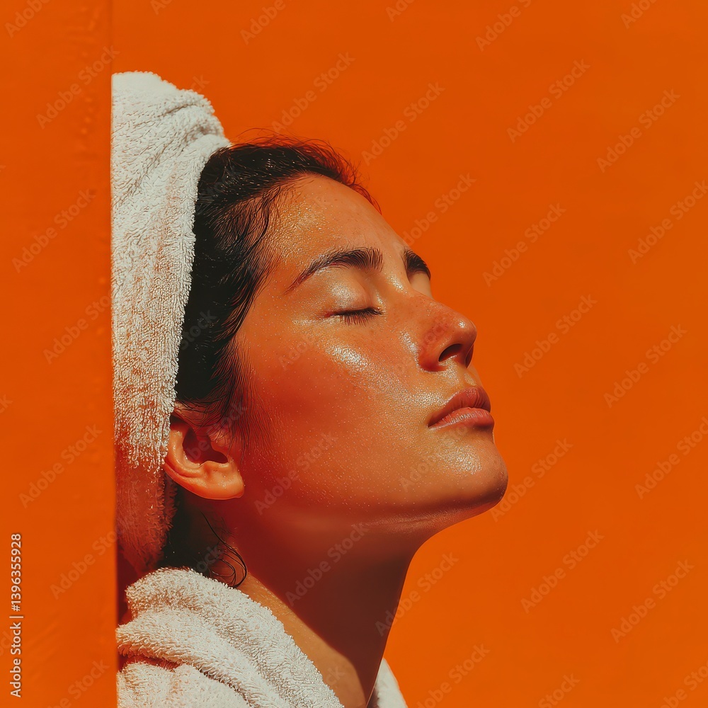 Fototapeta premium Serene Woman Sun Kissed Skin Spa Day Relaxation Towel