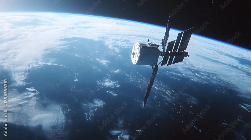 Obraz premium Satellite orbits above earth showing continents and oceans in a dark space.