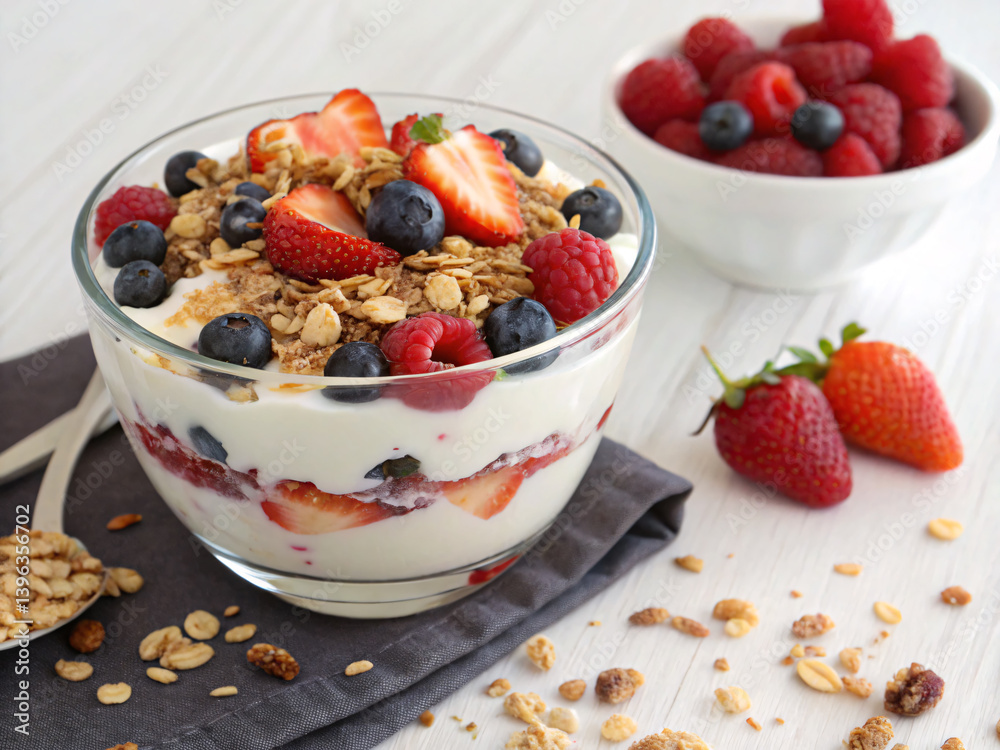 A delightful parfait layered with creamy yogurt, crunchy granola, and juicy berries, a vibrant summer breakfast treat in a clear glass bowl. A delightful parfait layered with creamy yogurt, crunchy granola, and juicy berries, a vibrant summer breakfast treat in a clear glass bowl.
