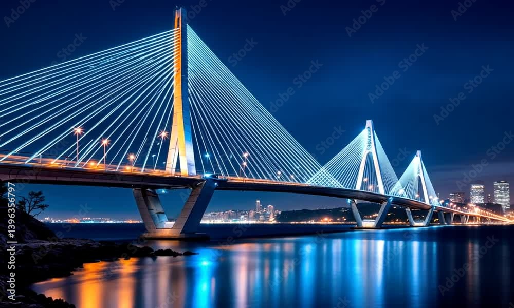 Illuminated cable-stayed bridge at night over water, city skyline in background. Possible use Stock photo for architectural prints or travel brochures