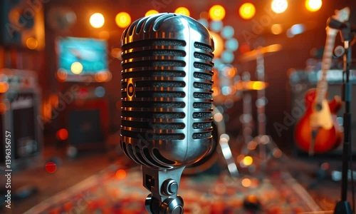 A shiny, classic microphone stands center stage in a music studio, ready for a performance.