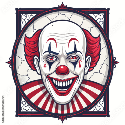 Design a bold, vector illustration of a grim clown's face using thick, dramatic strokes.  Emphasize unsettling features.