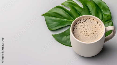Off White Coffee Mug and Green Tropical Leaf on Gray Surface