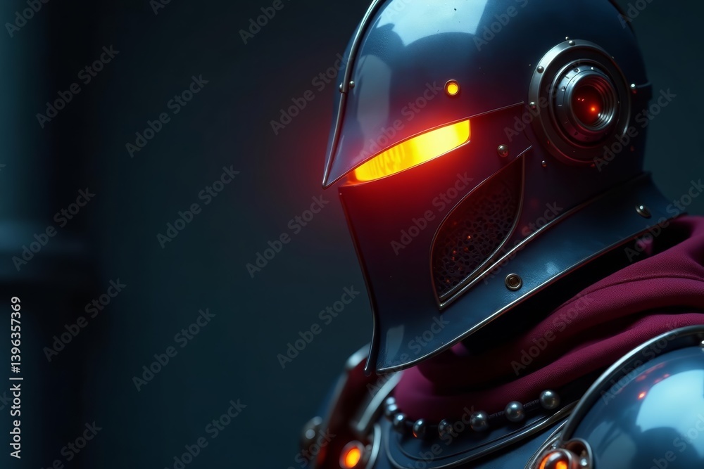 Fototapeta premium Close-up of a knight's helmet with a glowing vision visor, helmet, medieval