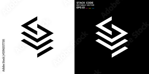 Stack code logo. Storage, layer, paper, coding, technology. Vector icon symbol design template EPS 10.