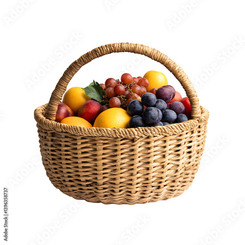 Woven fruit basket with assorted summer fruits isolated on white background