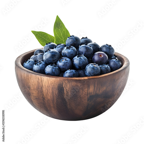 Freshly picked blueberries in wooden bowl isolated on white background