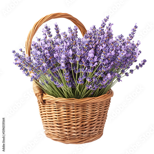 Wicker basket filled with lavender bunches isolated on white background