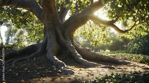 Majestic Old Tree with Sprawling Roots and Sunlight in Park