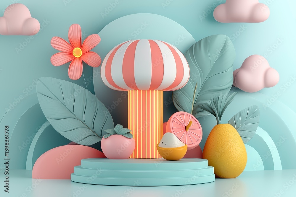 Pastel 3D Render of Whimsical Fruit Display with Mushroom Stand Pastel 3D Render of Whimsical Fruit Display with Mushroom Stand