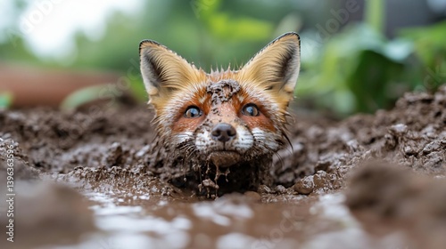Close-up view of a red fox partially submerged in dark brown mud, its head and shoulders visible, with a curious expression.  The background is blurred, showing hints of green vegetation photo
