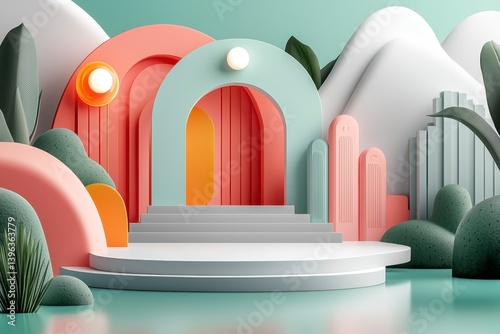 Pastel Archway and Platform in a Serene 3D Landscape