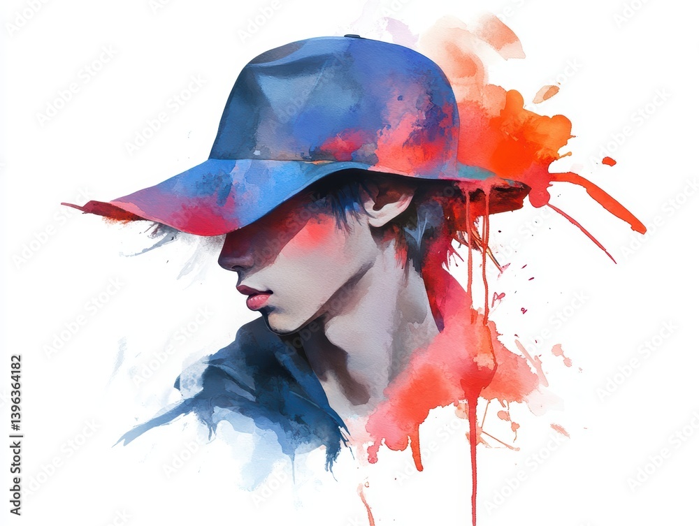 Fototapeta premium Stylish watercolor portrait, young man, cap.