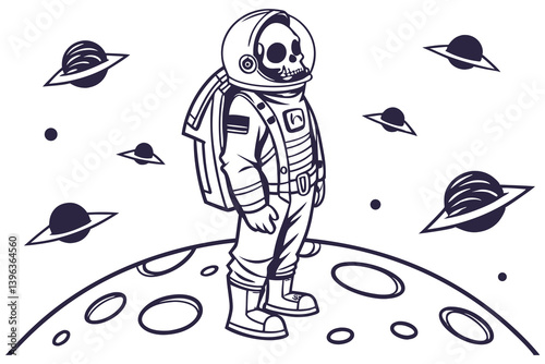 Cute blue cartoon Skeleton Astronaut on the Moon