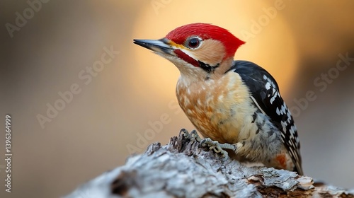 Close-up of a red-crowned woodpecker perched on weathered wood, backlit by a warm sunset. The bird's vibrant plumage is sharply detailed against a blurred background