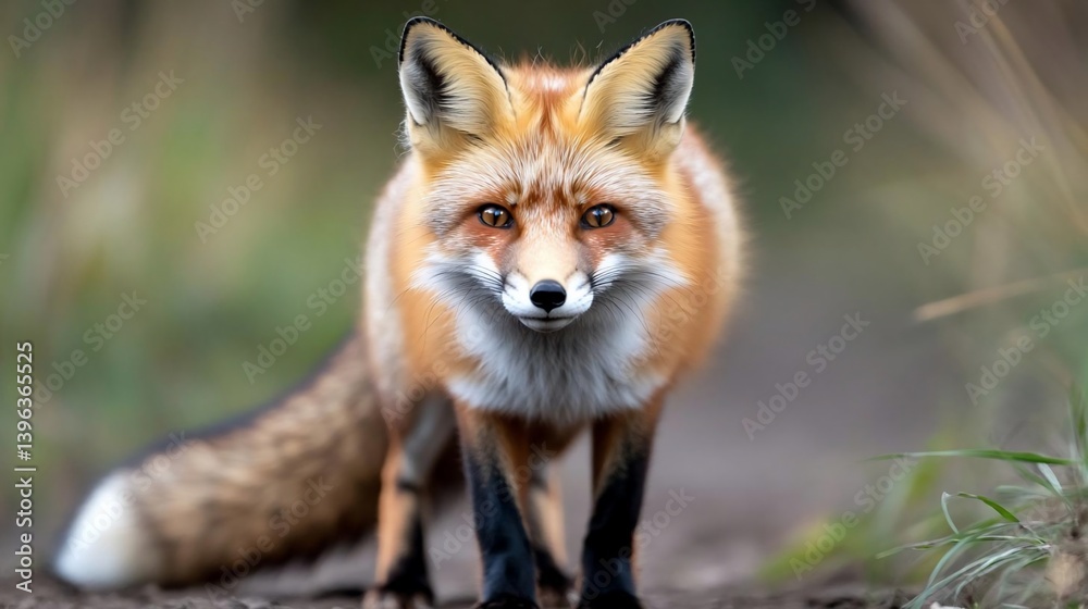 Close-up view of a red fox standing in a natural outdoor setting. The fox's fur is predominantly reddish-orange, with white accents on its chest and underbelly. Its intense gaze is directed towards Close-up view of a red fox standing in a natural outdoor setting. The fox's fur is predominantly reddish-orange, with white accents on its chest and underbelly. Its intense gaze is directed towards