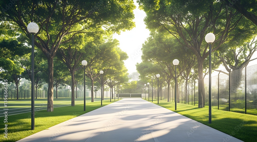 Obraz premium Pathway through park with trees and streetlights on a sunny day.