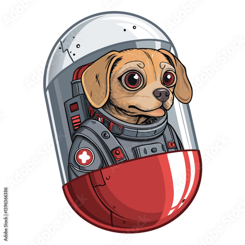 Create a bold, vector illustration of an alien dog piloting a futuristic mech suit.  Emphasis on strong lines and vibrant color.