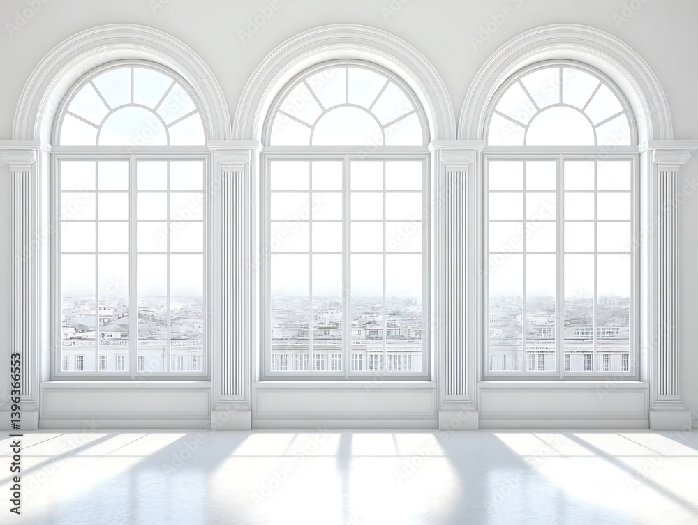 Fototapeta premium Elegant Room with Arched Windows and City View in a Modern Minimalist Style