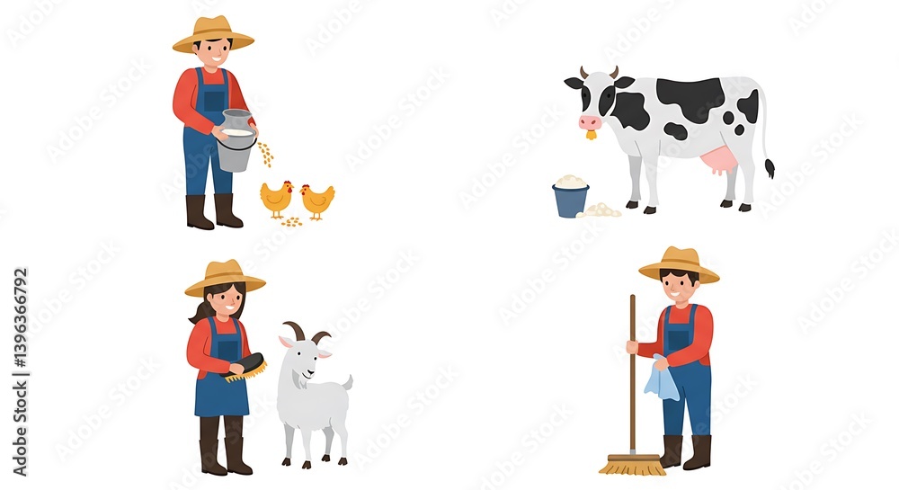 Fototapeta premium Showing Cartoon Farmers Caring for Farm Animals in Illustration