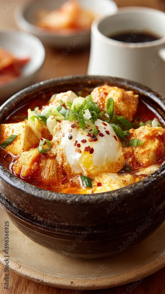Spicy Korean Tofu Stew Soft Egg Scallions Chili Oil Stone Bowl Food Photography Spicy Korean Tofu Stew Soft Egg Scallions Chili Oil Stone Bowl Food Photography