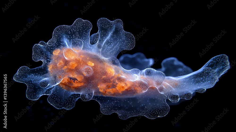 Obraz premium Swimming Sea Slug with Translucent Body and Orange Mass Isolated on Black