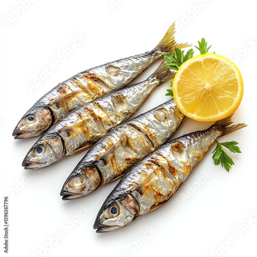 Grilled Sardines with Lemon and Parsley on White Background Seafood
