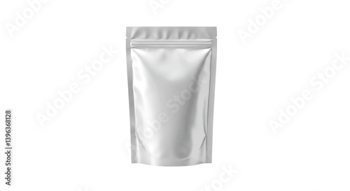A shiny white stand up pouch with a zipper closure isolated against a black background in studio shot