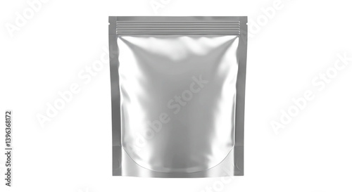 A shiny silver pouch with a sealed top is displayed against a stark black background in a studio shot