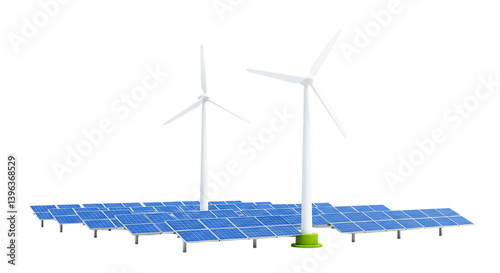 Two windmills and solar panels on a black background showcasing renewable energy sources and technology
