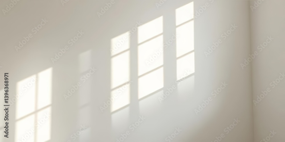 Fototapeta premium Abstract light and shadow patterns cast by window on pristine white interior wall, sunbeams , space, contrast