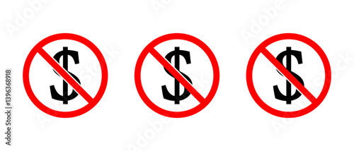 No dollar currency icon set. USD currency with forbidden symbol