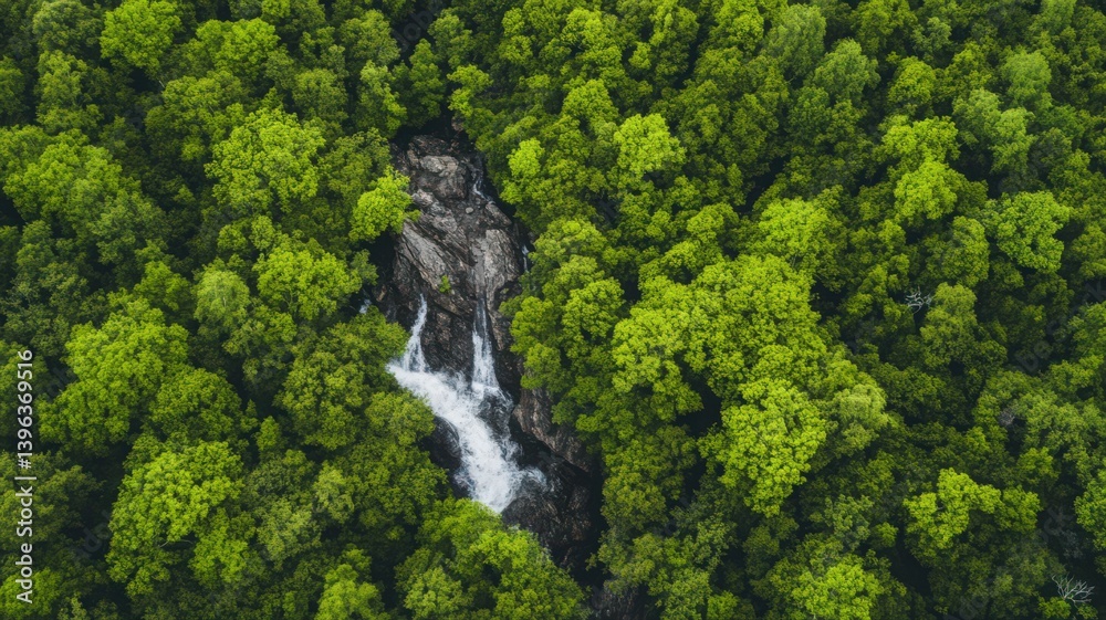 Aerial View of Waterfall Hidden in Lush Green Foliage Aerial View of Waterfall Hidden in Lush Green Foliage