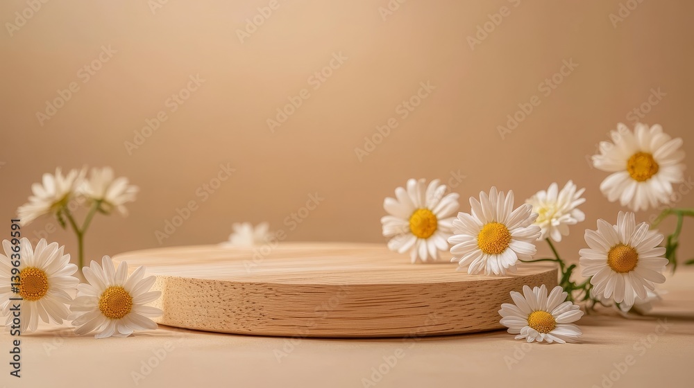 wooden podium with daisies on beige background in soft lighting with nature wooden podium with daisies on beige background in soft lighting with nature