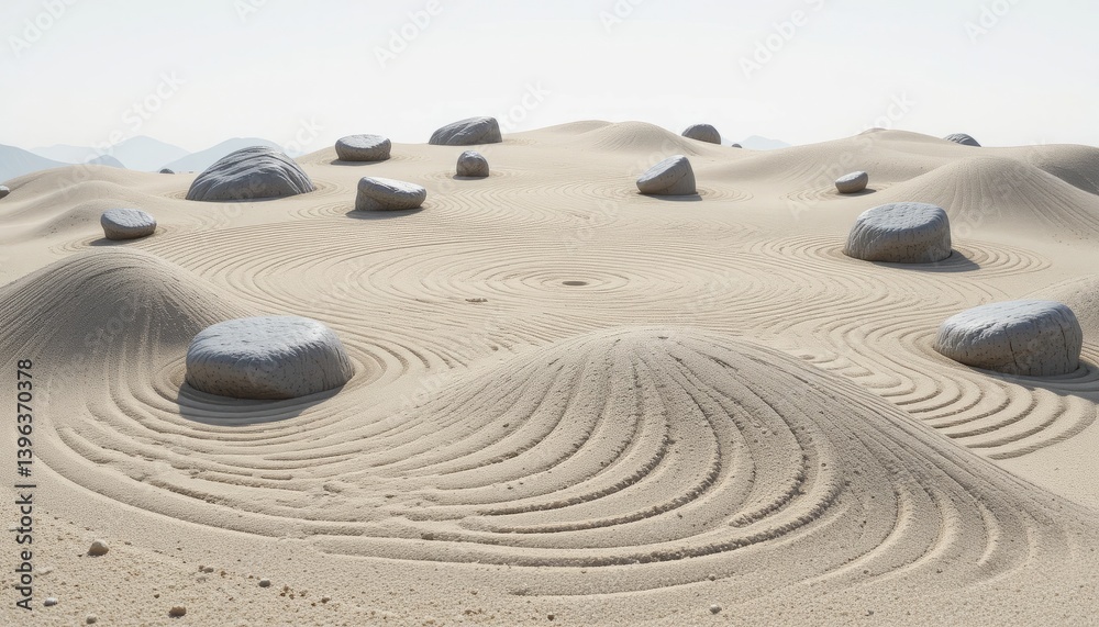 Naklejka premium Beige Sand Zen Garden with Smooth Rocks and Raked Patterns under Bright