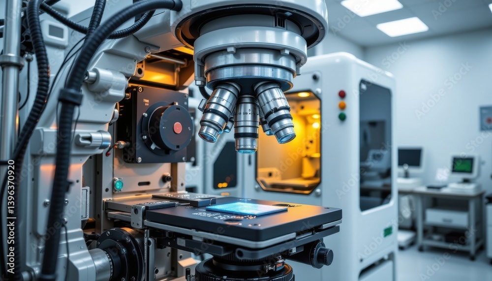 A high resolution image showcases the intricate architecture of an advanced electron microscope situated within a sterile laboratory environment A high resolution image showcases the intricate architecture of an advanced electron microscope situated within a sterile laboratory environment