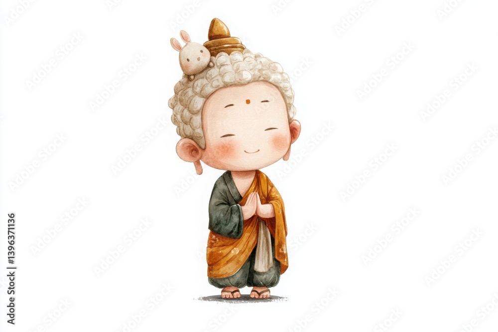 Cute Baby Buddha Watercolor Illustration with Bunny, Meditating on White Background, Serene Concept Cute Baby Buddha Watercolor Illustration with Bunny, Meditating on White Background, Serene Concept