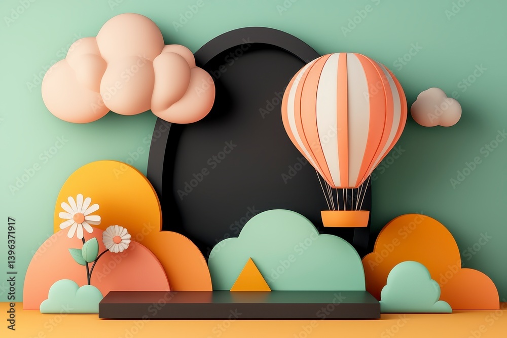 Fototapeta premium Pastel Hot Air Balloon Above Minimalist 3D Rendered Landscape