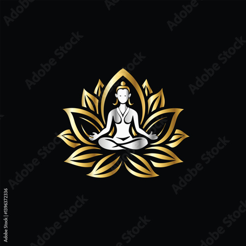Yoga logo. Meditation symbol. Lotus position. Vector illustration. Yoga lotus and lotus flower vector logo. Meditation symbol.