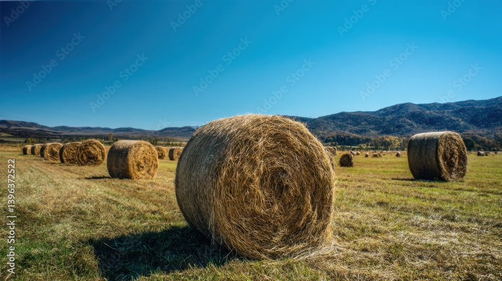 Hay Bales in Field - Agriculture Photography, Countryside Scene, Golden Brown Hay, Blue Sky, Rural Landscape Hay Bales in Field - Agriculture Photography, Countryside Scene, Golden Brown Hay, Blue Sky, Rural Landscape