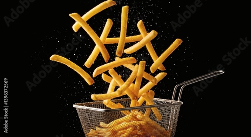 Crispy Golden French Fries Falling Into Metal Basket on Black Background