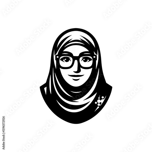 Bold silhouette illustration of a woman wearing hijab and glasses on white background. People concept
