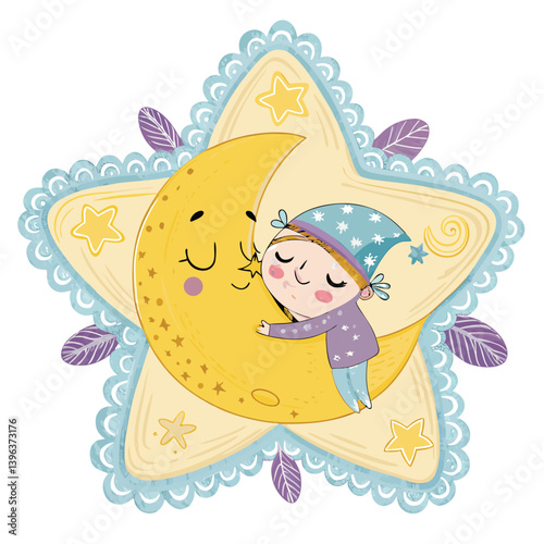 Design a cute, sleepy moon character using bold vector strokes.  Character should exude calmness and gentle sleepiness.