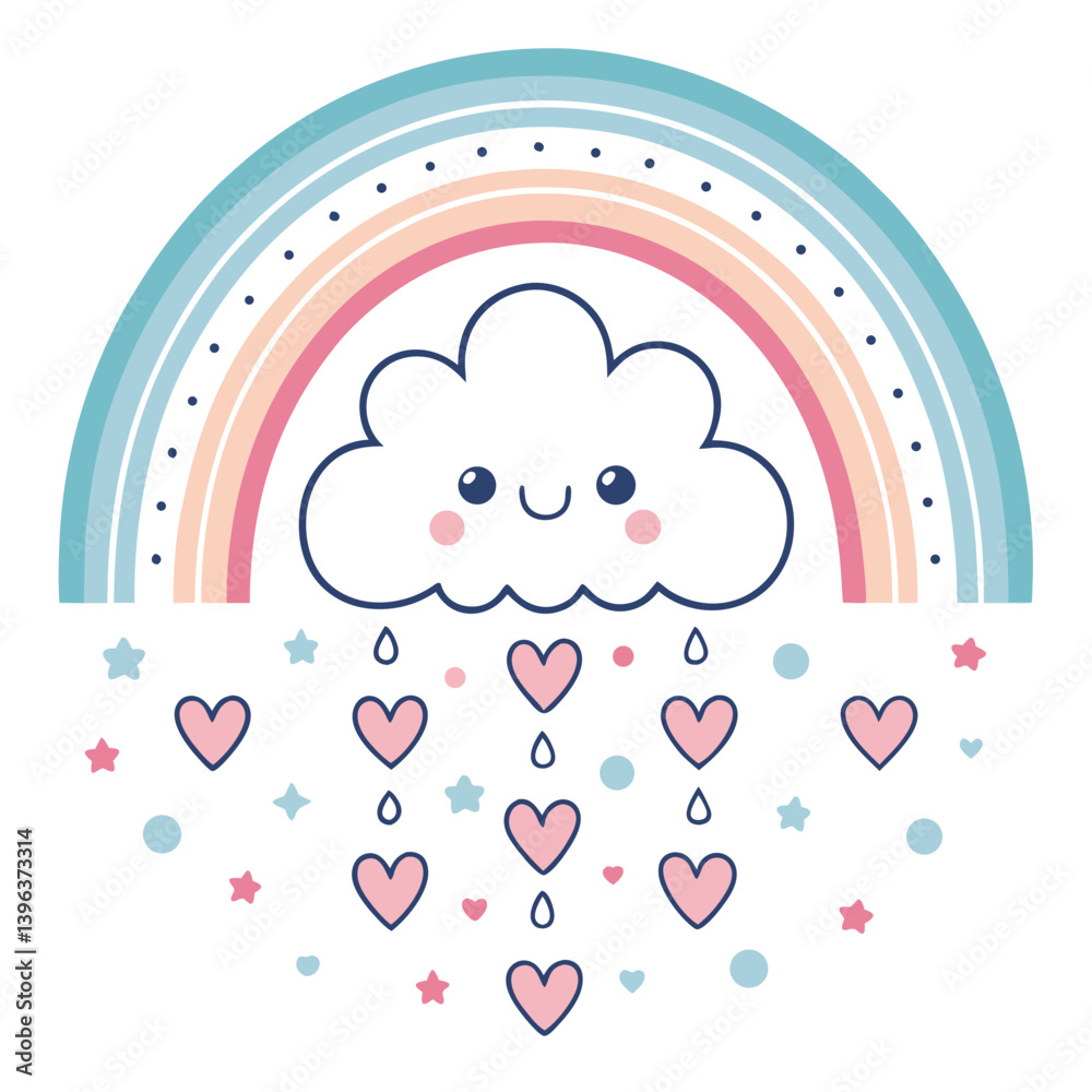 Create a vector illustration of a smiling cartoon cloud raining, using bold, thick strokes. The style should be playful and childlike. Create a vector illustration of a smiling cartoon cloud raining, using bold, thick strokes. The style should be playful and childlike.