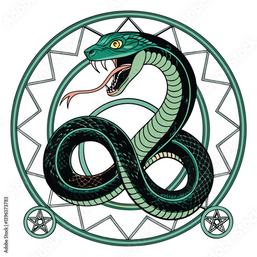 Create a bold, vector illustration of a snake consuming its tail (ouroboros), emphasizing strong, dynamic lines and vibrant color.