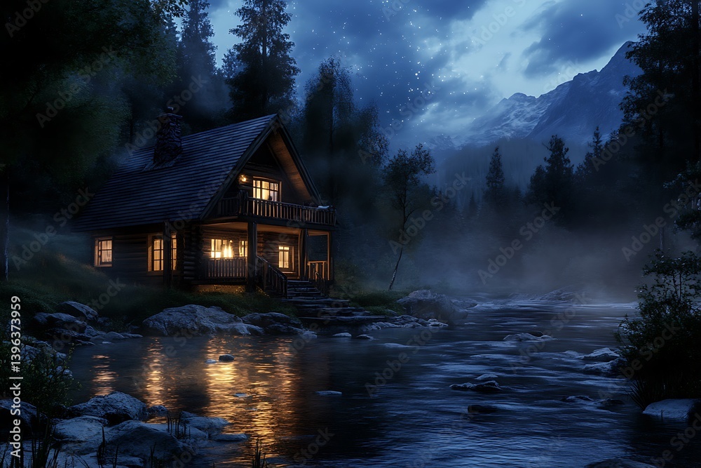 Fototapeta premium Cozy Cabin by Stream at Nightfall with Glowing Windows and Starry Sky Backdrop