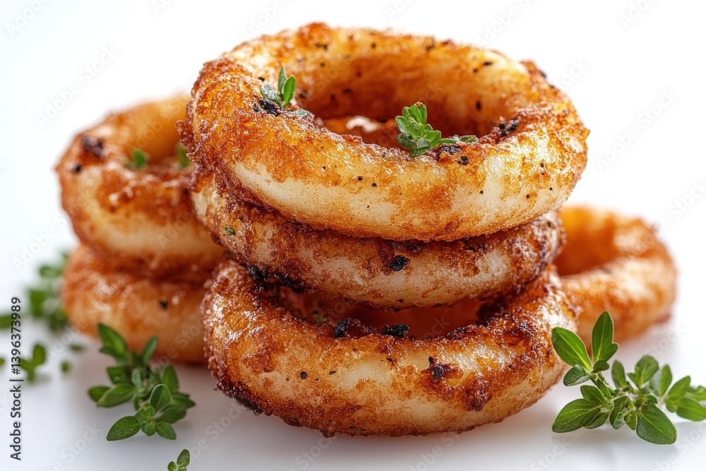 Crispy golden fried onion rings stacked high, garnished with fresh herbs Crispy golden fried onion rings stacked high, garnished with fresh herbs