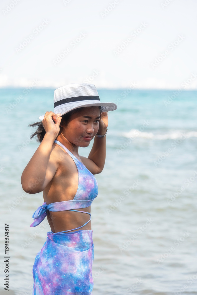 Asia happy Summer vacations Lifestyle woman relax and chill on beach background and Lifestyle and Travel Concept. Asia happy Summer vacations Lifestyle woman relax and chill on beach background and Lifestyle and Travel Concept.