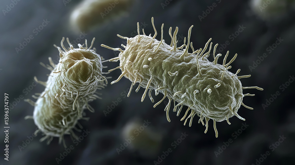 Fototapeta premium Close-up of Bacteria Cells with Flagella on Dark Background Illustration